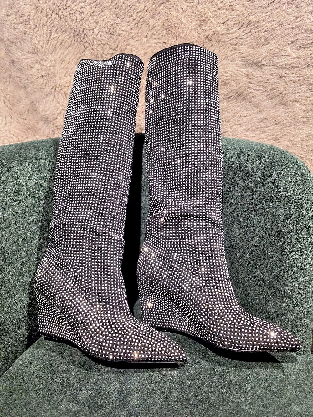 Rhinestone Wedge Knee Boots Over-the-Knee Boots Black US